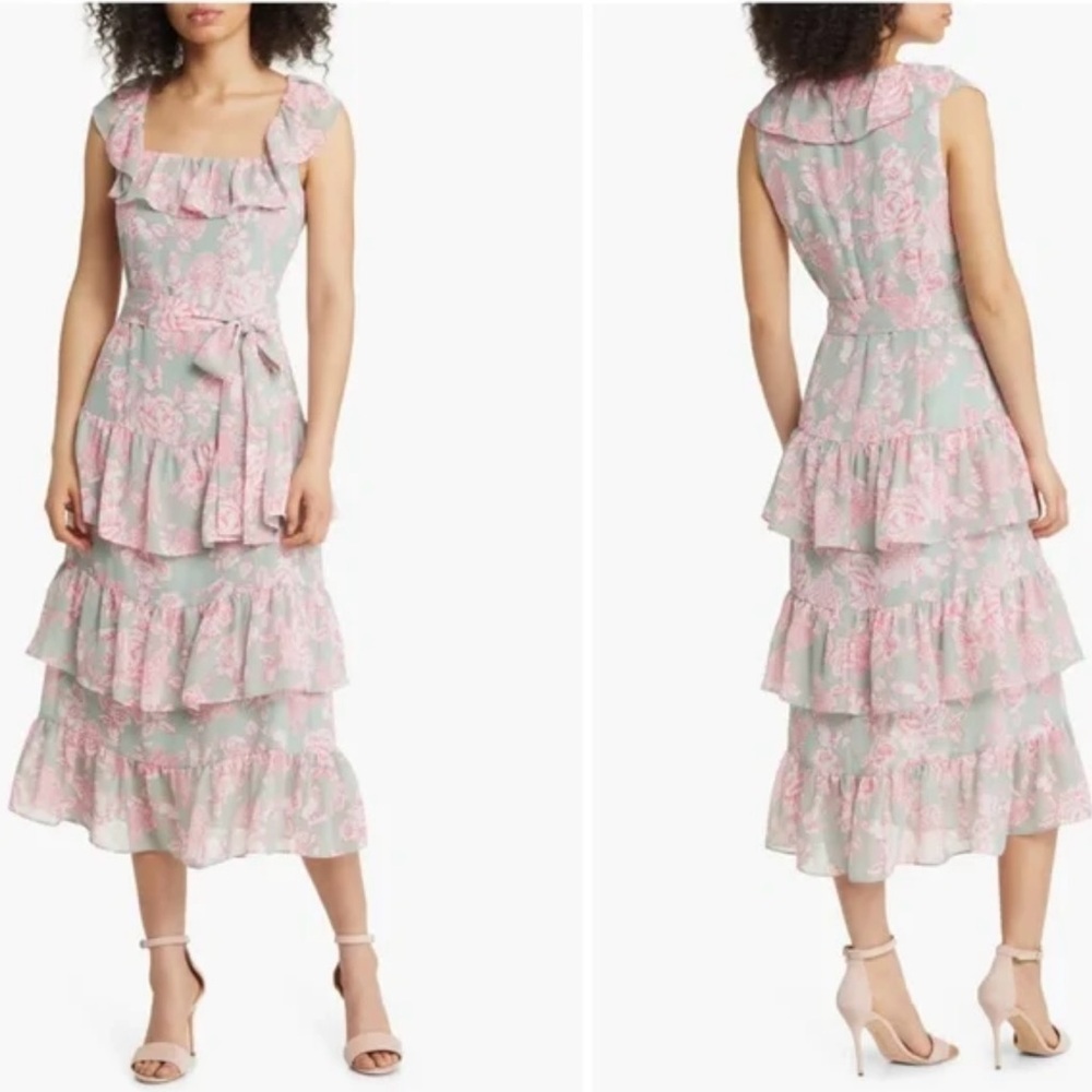 Eliza J  Tiered Midi Dress Mint Pink Floral Tie Waist Ruffle Chiffon Sz 8 NEW